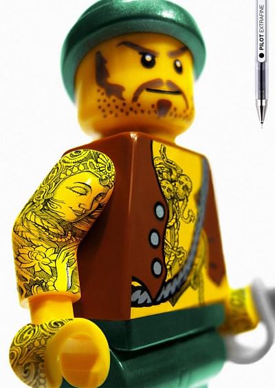 Legoman tattoo, arms - Publicidad