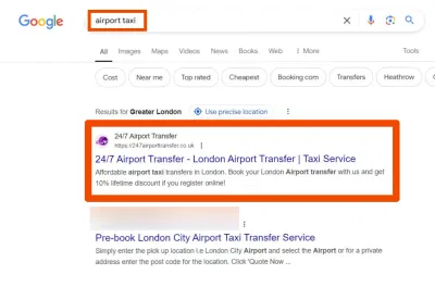 Taxi company on 1st page of Google.co.uk in London - Ricerca di mercato