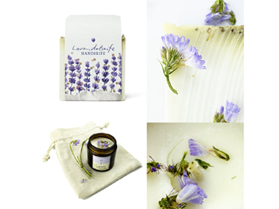 Produktfotografie für Naturkosmetik — Lavendelseife und Duftkerze - Fotografie