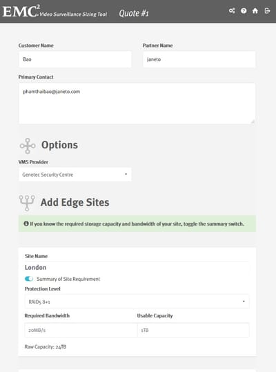 Video Surveillance Sizing Tool - Application web