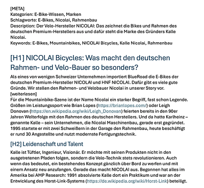 Blogartikel & Konzept: Nicolai bicycles - Textgestaltung