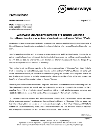 Business Coach - New Appointment Press Release - Public Relations (PR)
