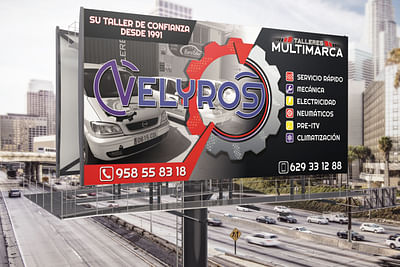 Diseño y rotulación de valla publicitaria Velyros - Publicité